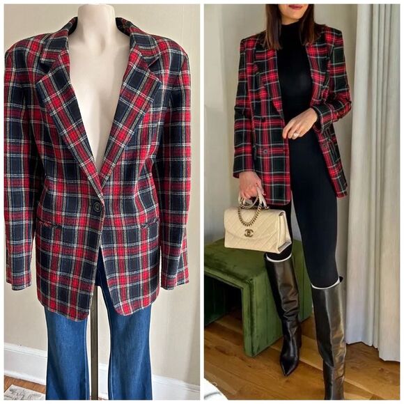 Vintage 90s Norton McNaughton Red Navy Plaid Wool Blend Blazer Jacket | Size 14 - Picture 1 of 12